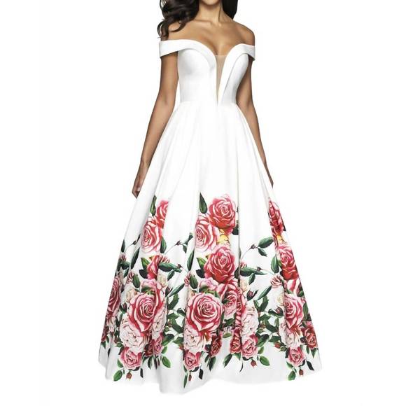 NEW BLUSH PROM off-shoulder floral print ballgown in ivory